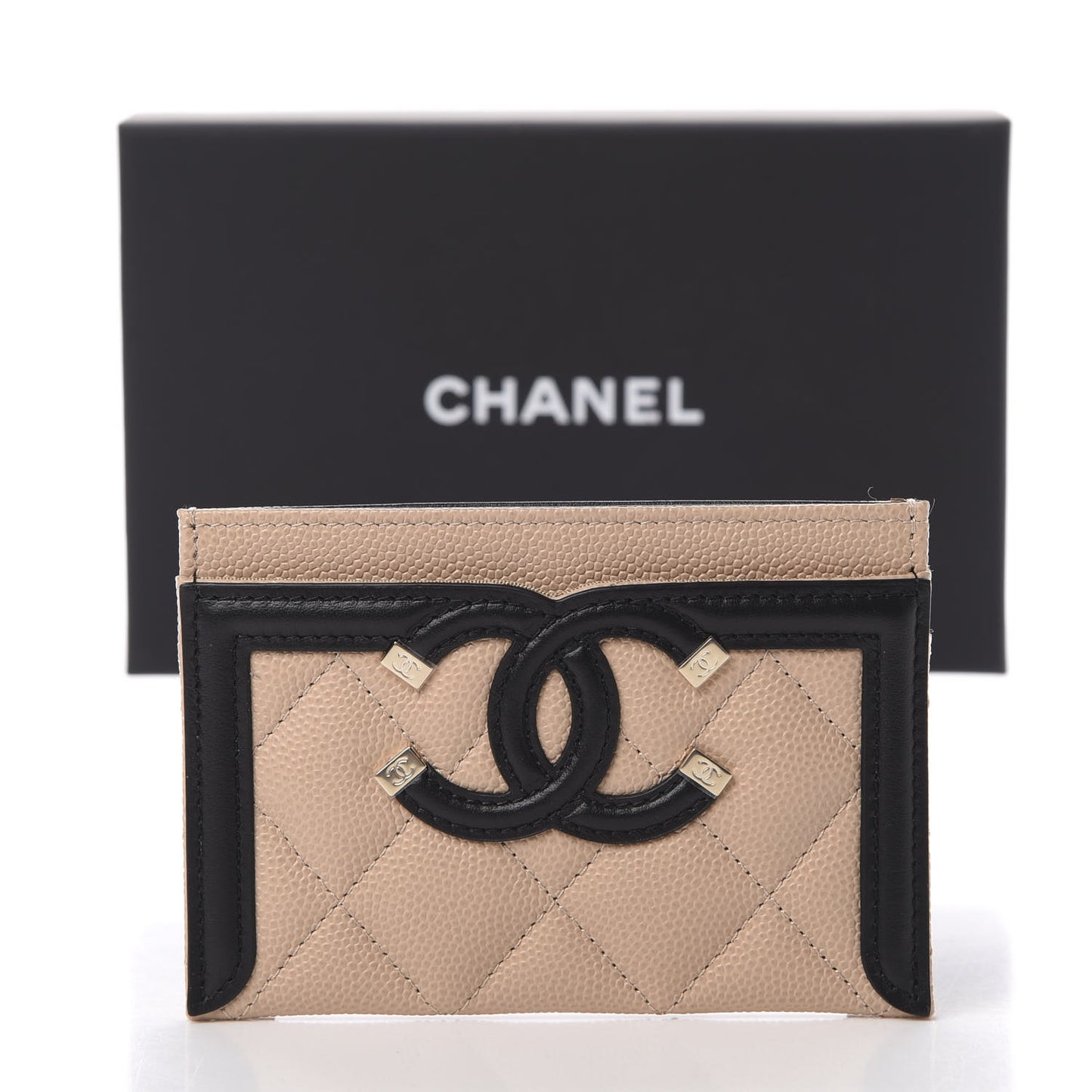 Caviar Quilted Filigree Card Holder Beige Black