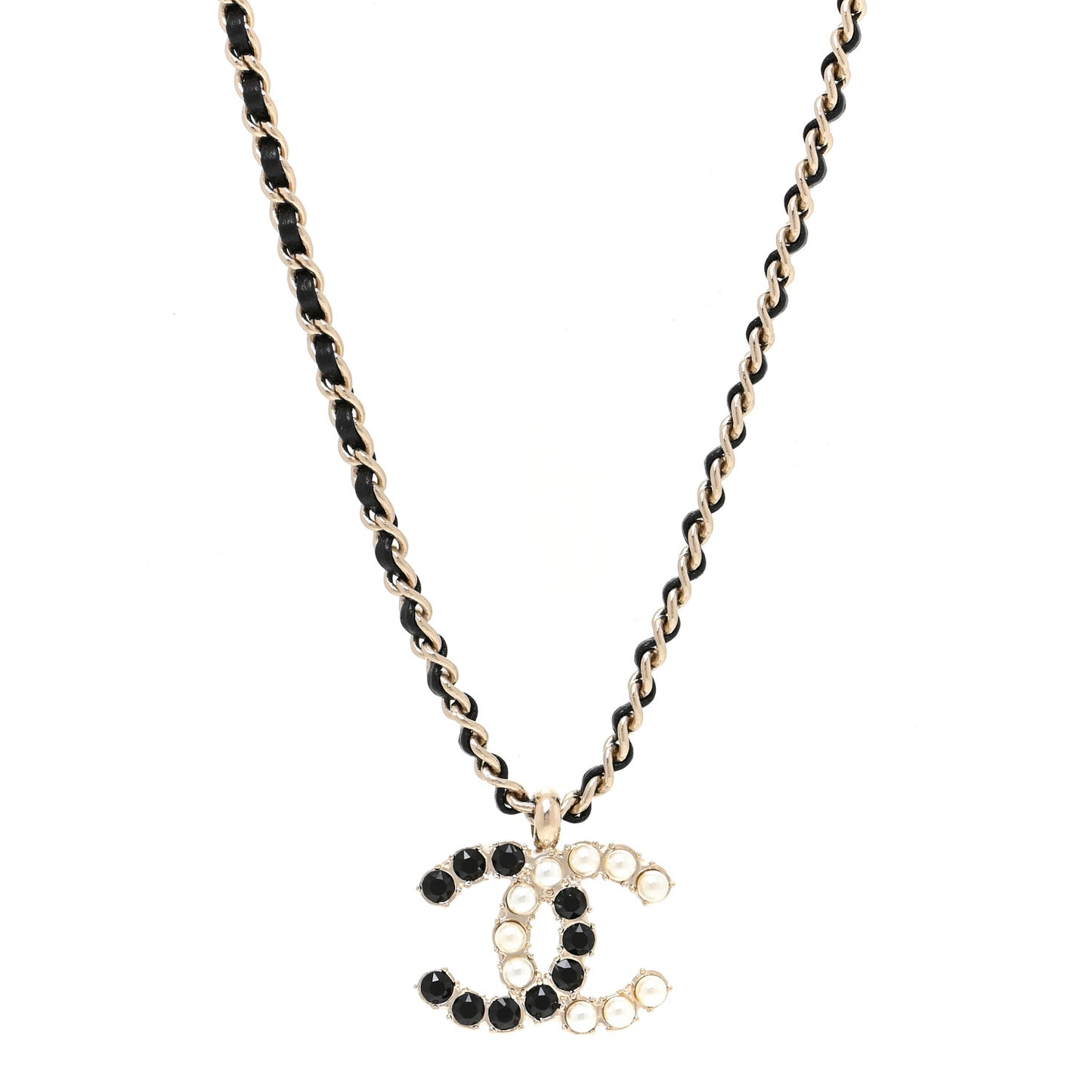 Lambskin Resin Pearl Dazzling Domino Short Necklace Gold Black
