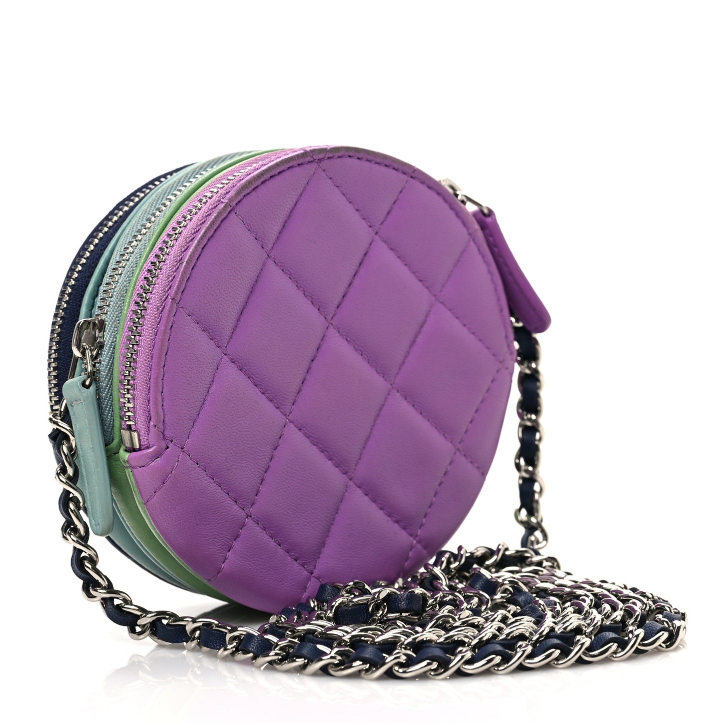 Lambskin Quilted Round Clutch With Chain Navy Blue Green Purple