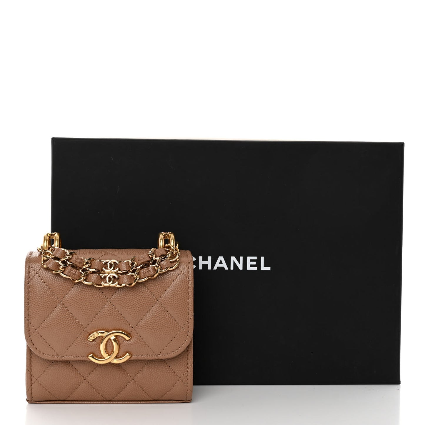 Caviar Quilted Coco First Clutch With Chain Beige