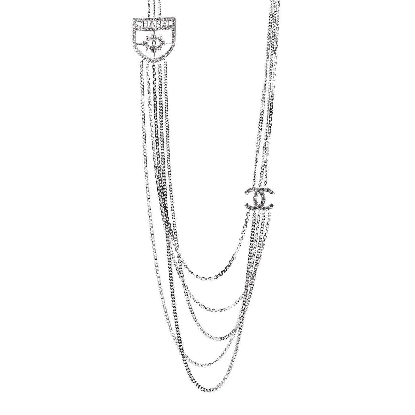 Baguette Crystal CC Shield Multi Strand Long Chain Necklace Silver