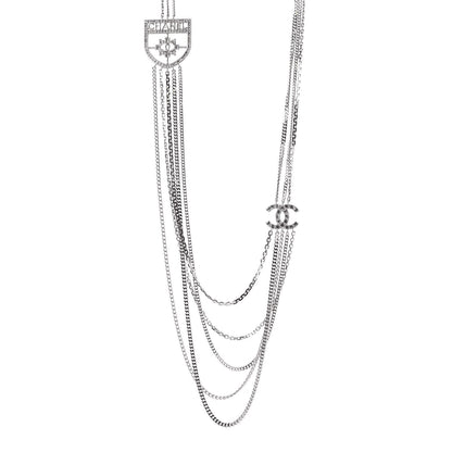 Chanel Baguette Crystal CC Shield Multi Strand Long Chain Necklace Silver 1 of 5