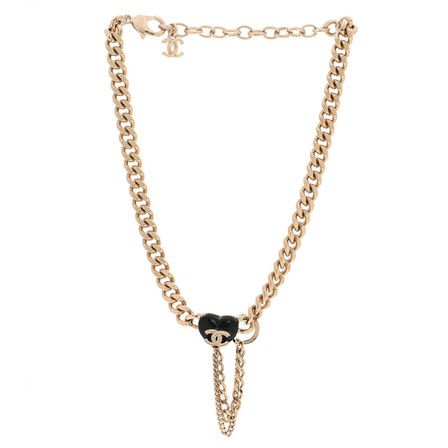 Chanel Metal Resin Crystal CC Heart Chain Choker Necklace Gold Black 3 of 6