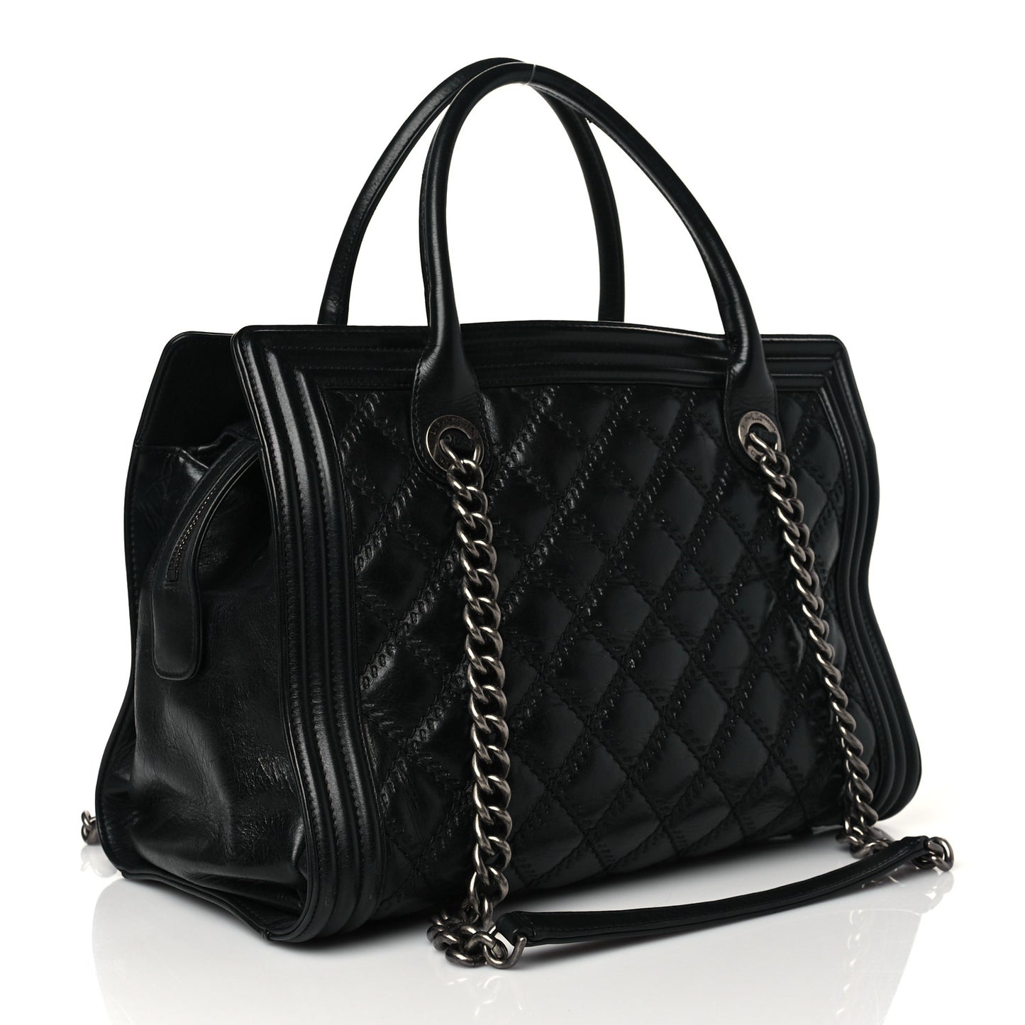 Calfskin Quilted Double Stitch Large Boy Tote Black