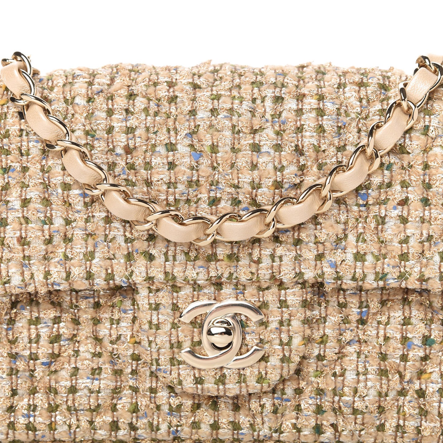 Tweed Quilted Mini Rectangular Flap Beige