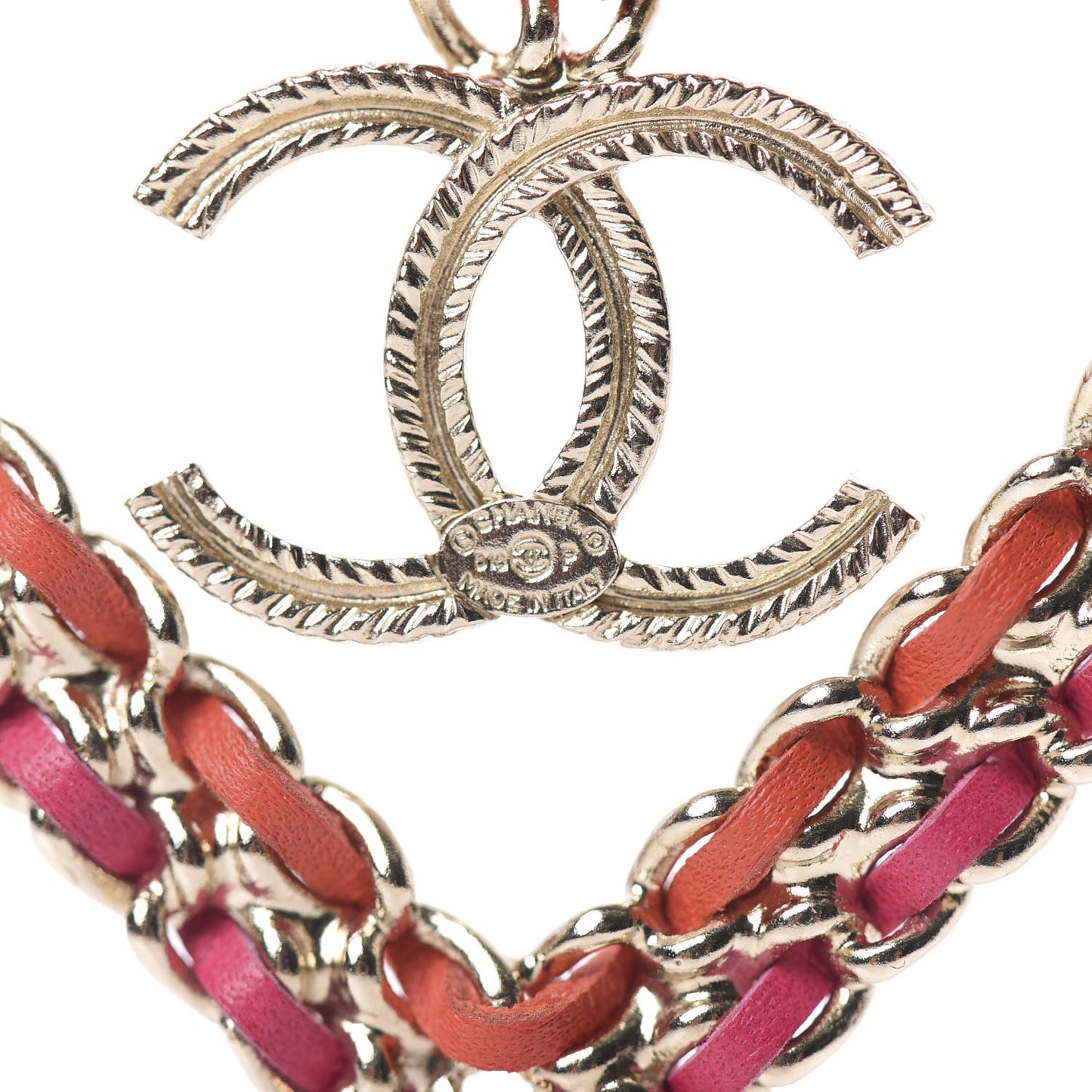 Metal Calfskin Braided Heart CC Brooch Pink Red Gold