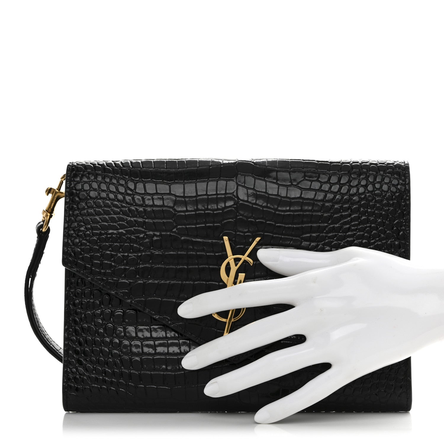 Saint Laurent Calfskin Crocodile Embossed Monogram Cassandre Flap