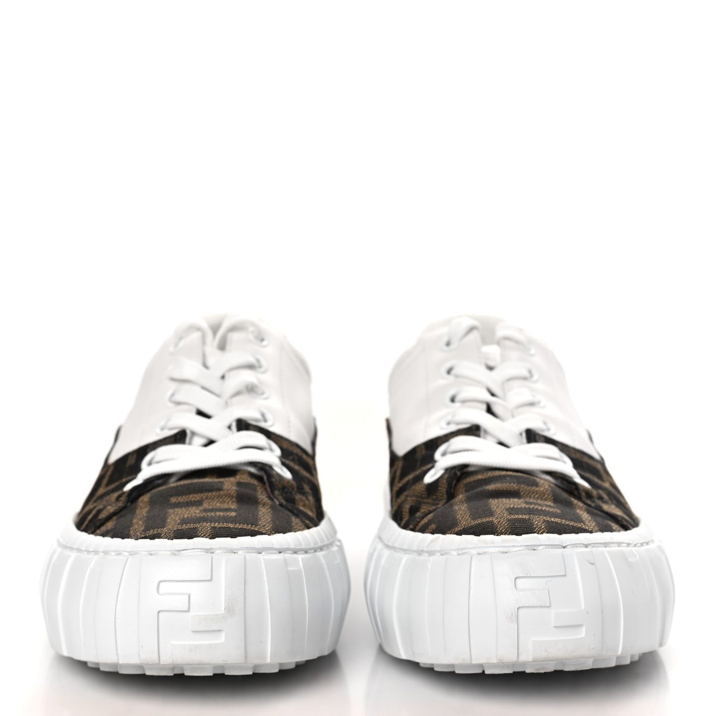 Fabric Jacquard Vitello Technical Fabric FF Womens Fendi Force Low Top Sneakers 36 Tobacco Black Ultra White White