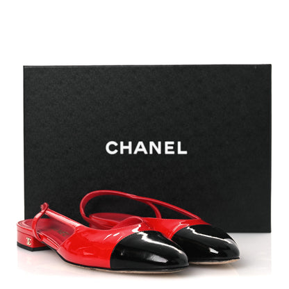 Chanel Patent Calfskin Cap Toe CC Slingback Flats 39 Red Black 14 of 14