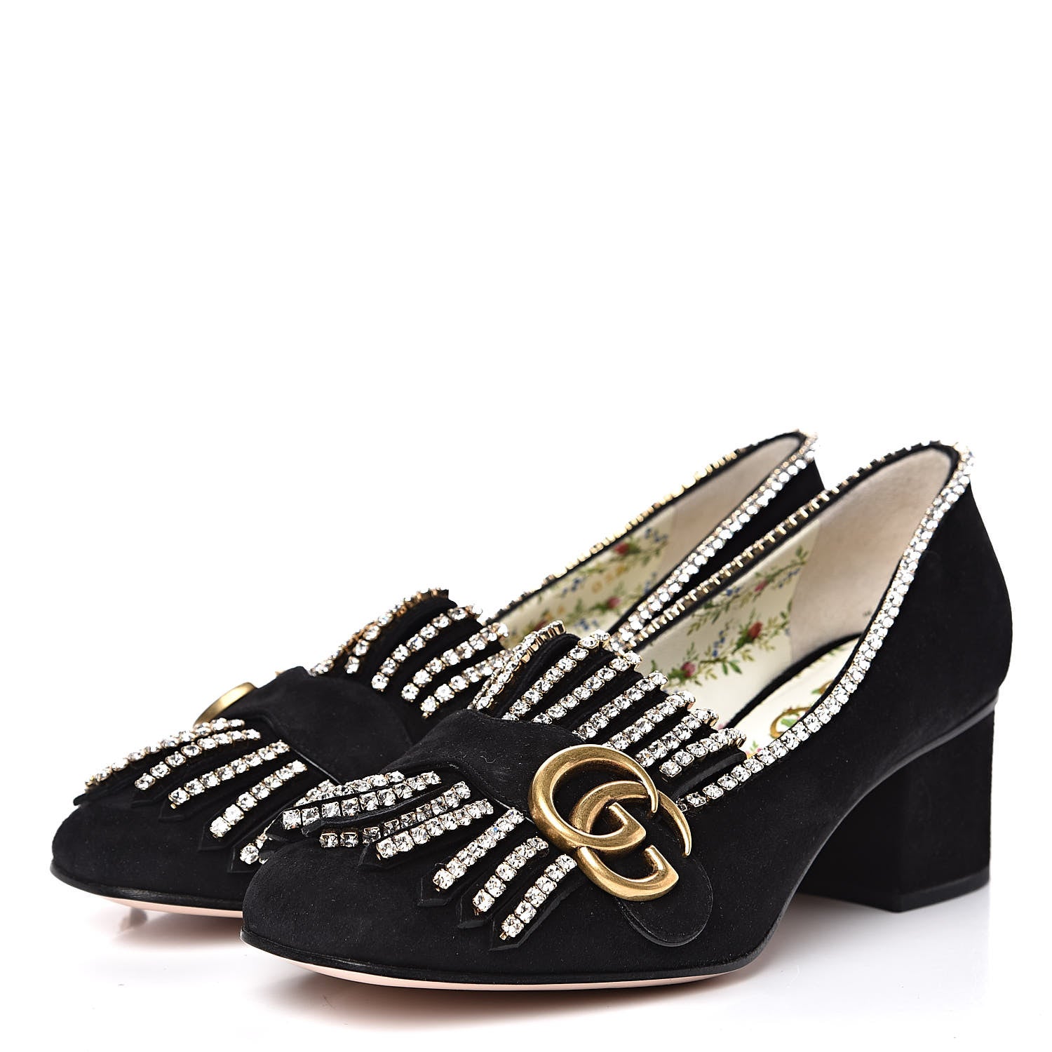 Gucci Kid Scamosciato Crystal GG Marmont Fringe 50mm Loafer Pumps 36 Black 3 of 9