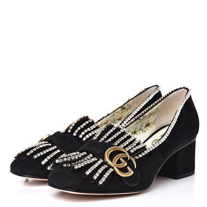 Gucci Kid Scamosciato Crystal GG Marmont Fringe 50mm Loafer Pumps 36 Black 3 of 9