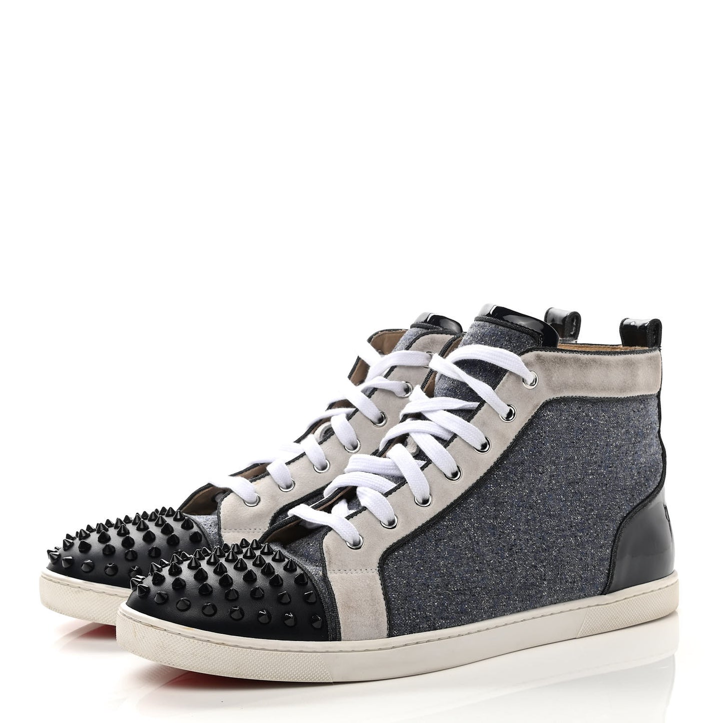 Calfskin Veau Velours Denim Lou Spikes Flat Sneakers 46 Blue