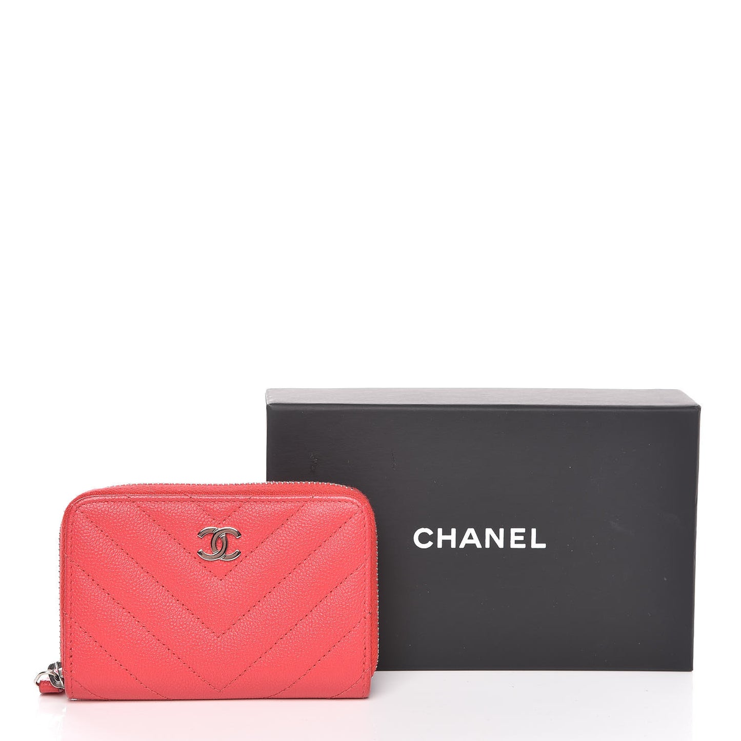 Caviar Chevron Quilted Zip Coin Purse Light Red