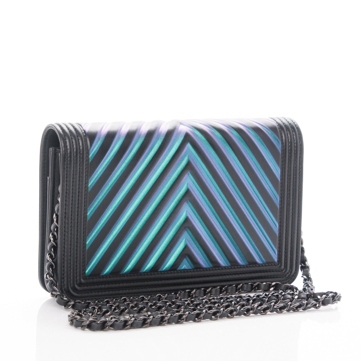 Chanel Calfskin Painted Chevron Embossed Boy Wallet On Chain WOC Black 3 of 9