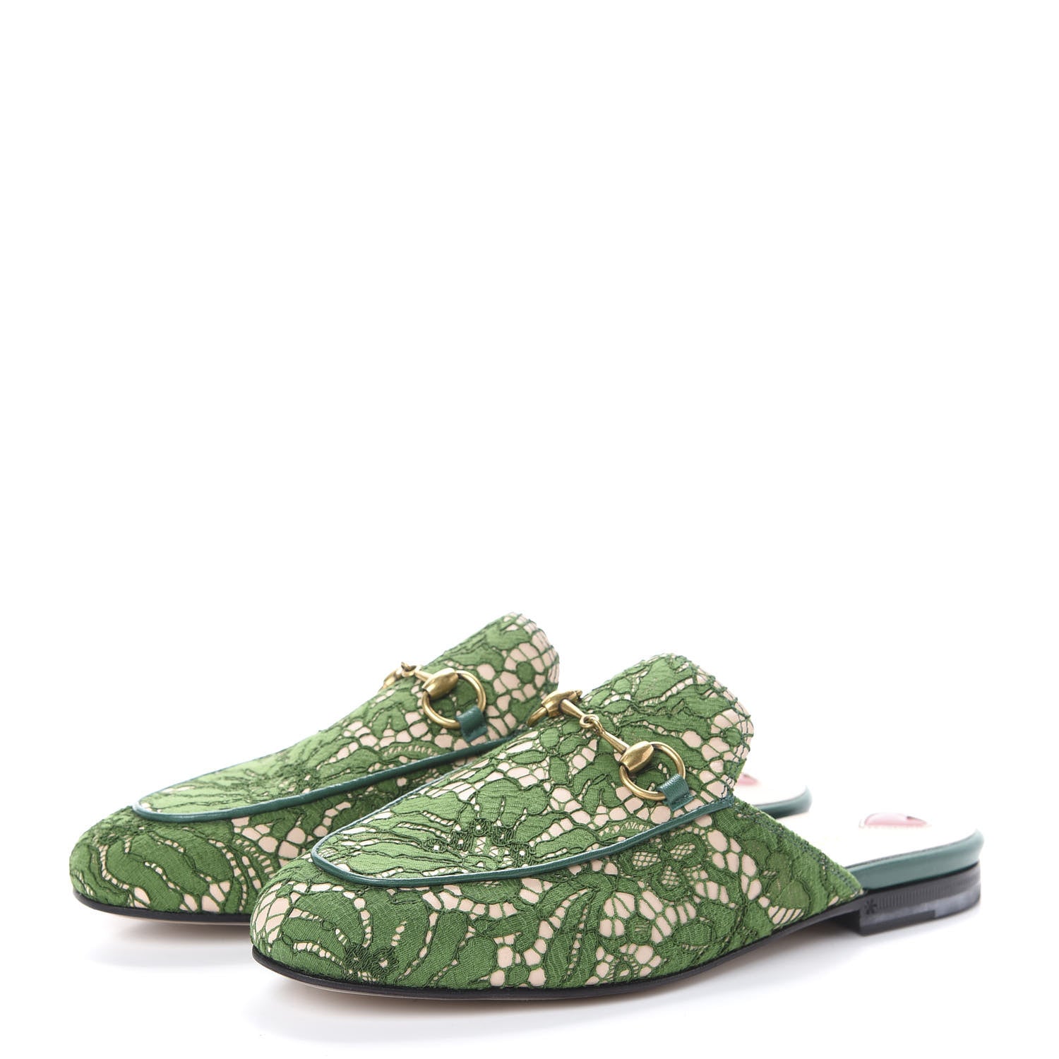 Gucci Lace Malaga Kid Womens Princetown Slippers 36.5 Green Grass Skin Rose 3 of 7