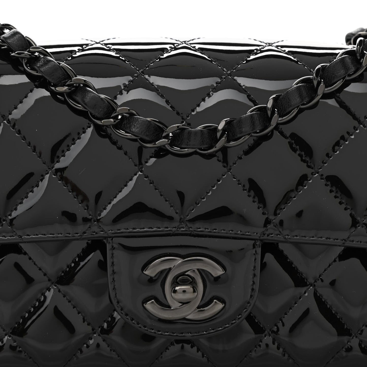 Patent Calfskin Quilted Mini Rectangular Flap So Black
