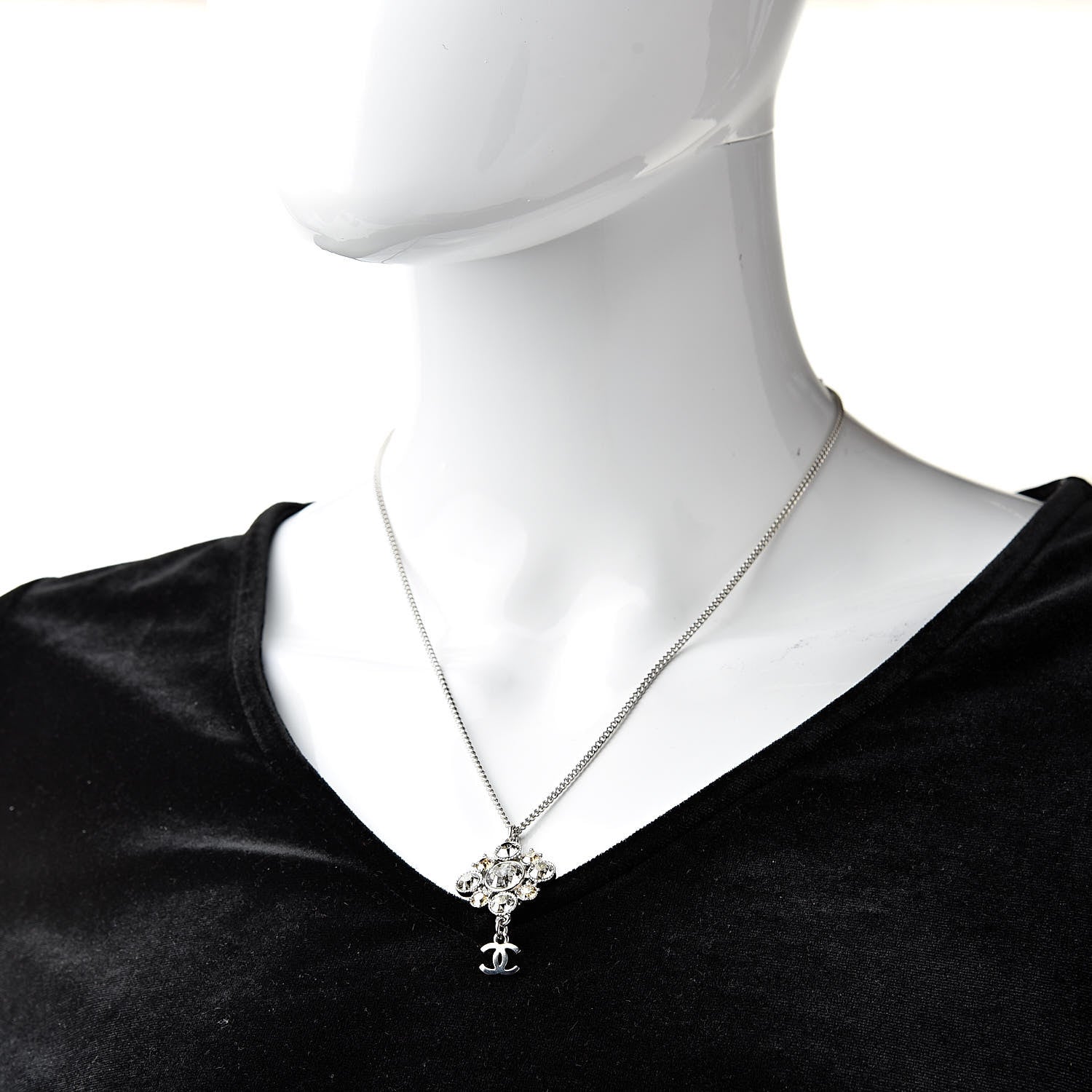 Chanel Crystal CC Drop Pendant Necklace Silver 2 of 6