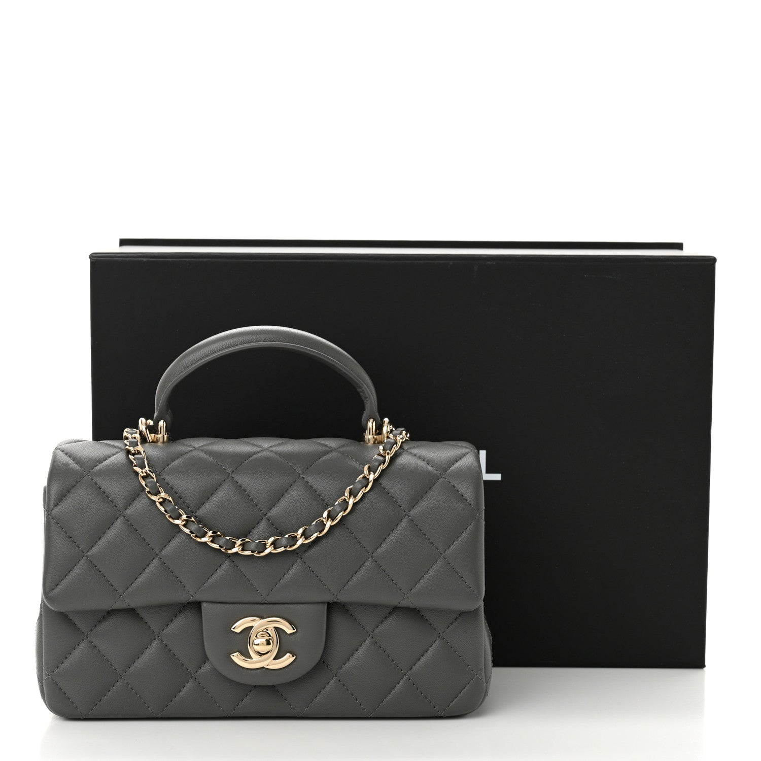 Chanel Lambskin Quilted Mini Top Handle Rectangular Flap Grey