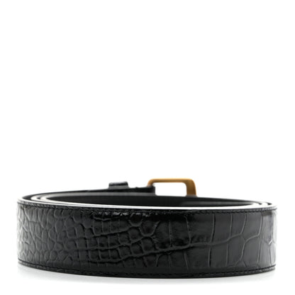 Saint Laurent Calfskin Crocodile Embossed Square Buckle Belt 90 36 Black 2 of 7