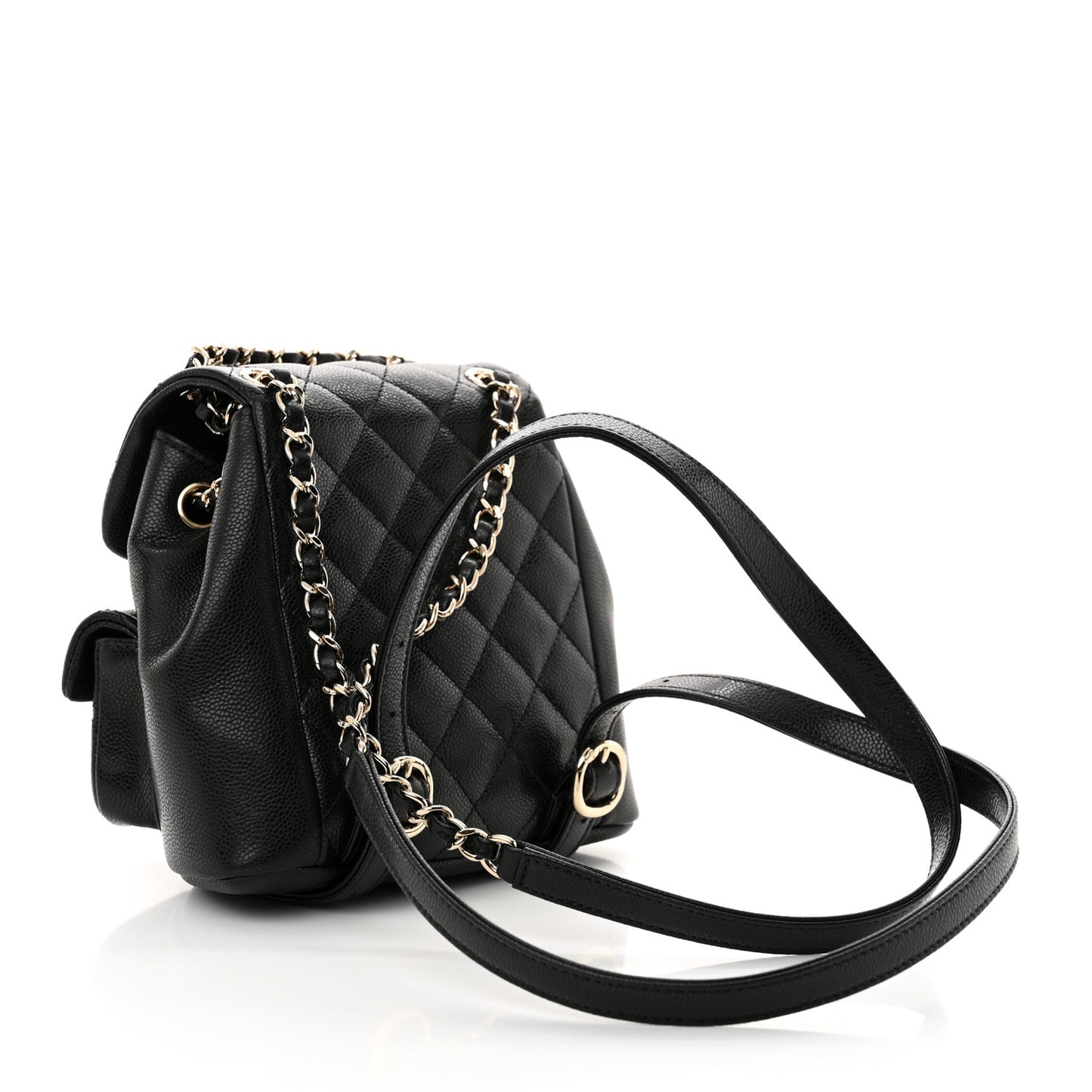 Shiny Caviar Quilted Small Duma Pockets Drawstring Backpack Black