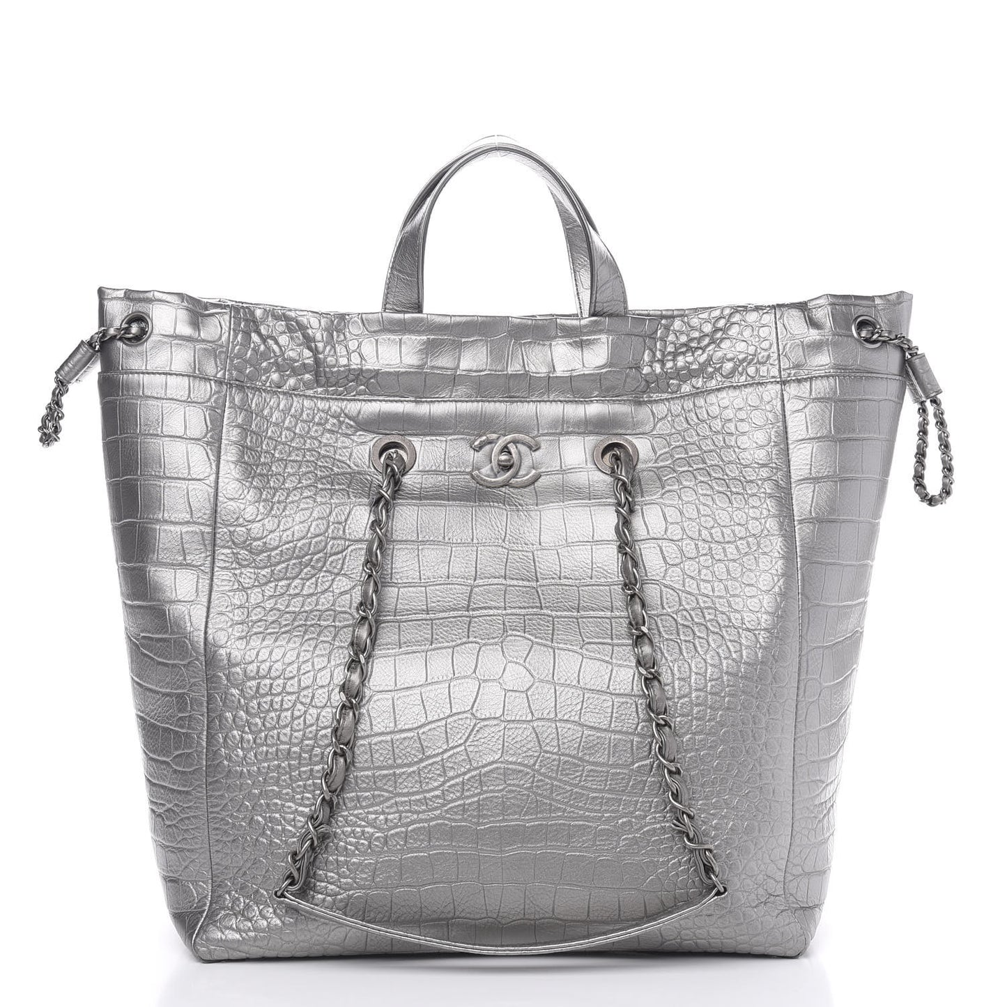 Calfskin Crocodile Embossed Large Cocodile Shopping Tote Silver