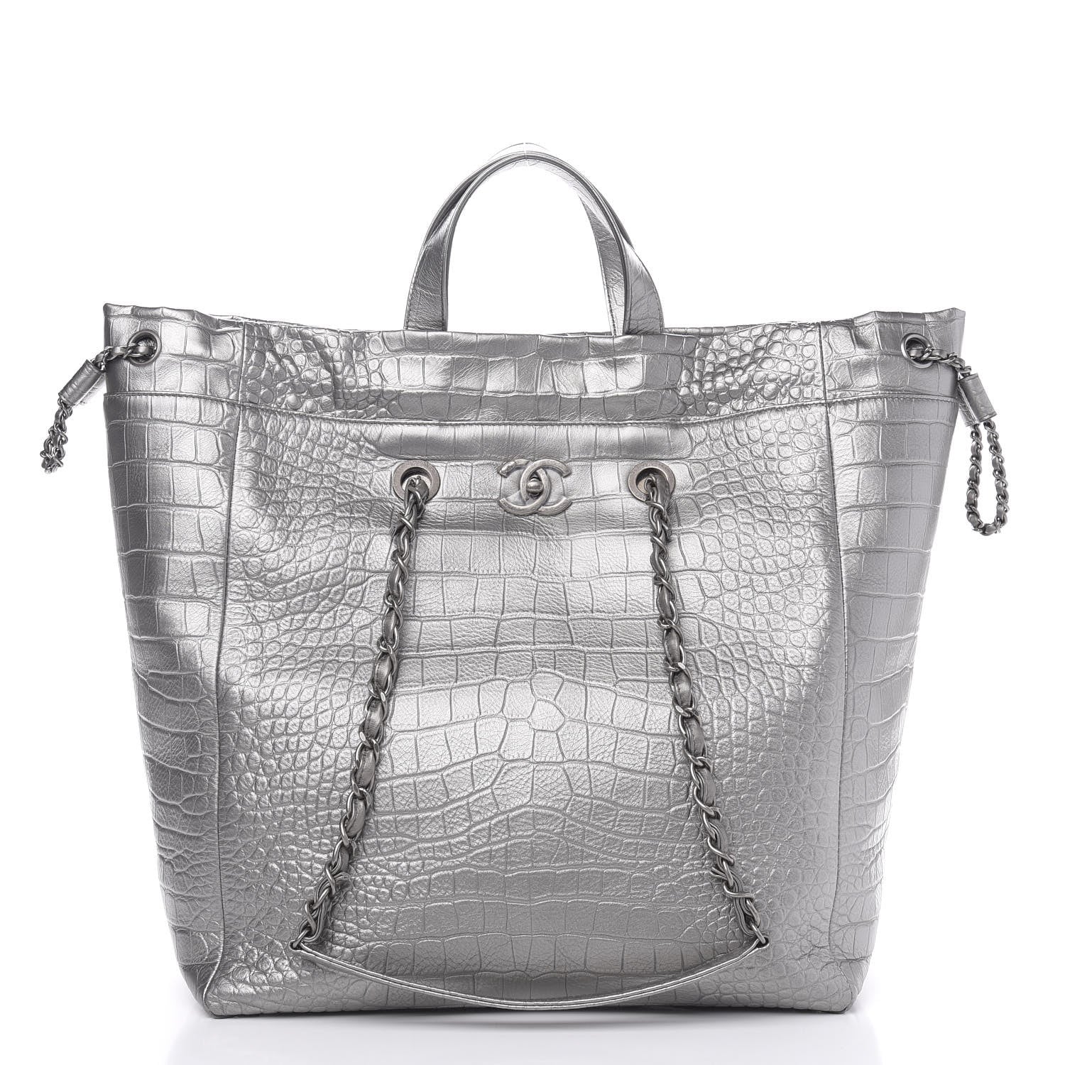 Chanel Calfskin Crocodile Embossed Large Cocodile Shopping Tote Silver 1 of 9