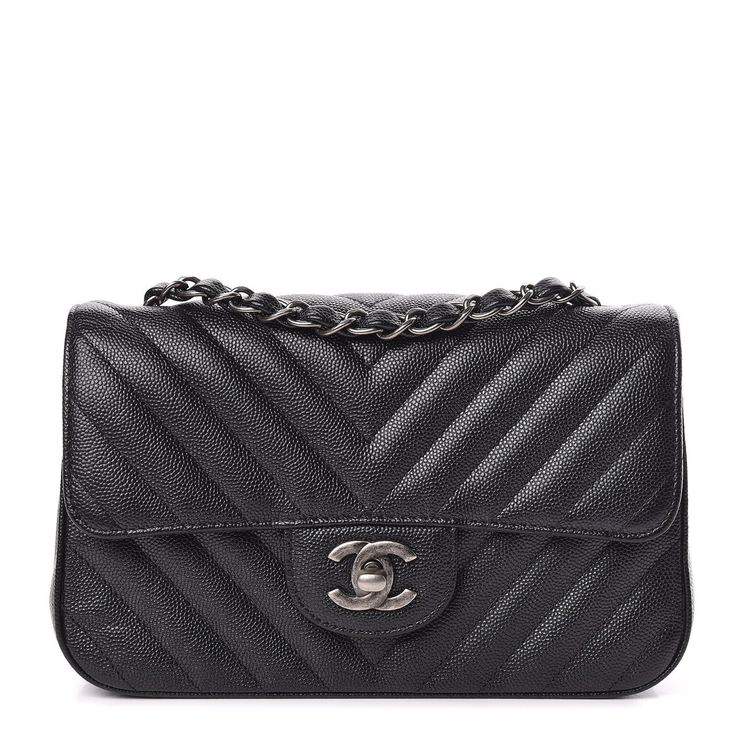 Iridescent Caviar Chevron Quilted Mini Rectangular Flap Black