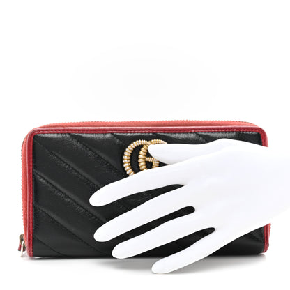 Gucci Vintage Effect Calfskin Matelasse Diagonal Torchon GG Marmont Zip Around Wallet Black Romantic Cherry 2 of 10