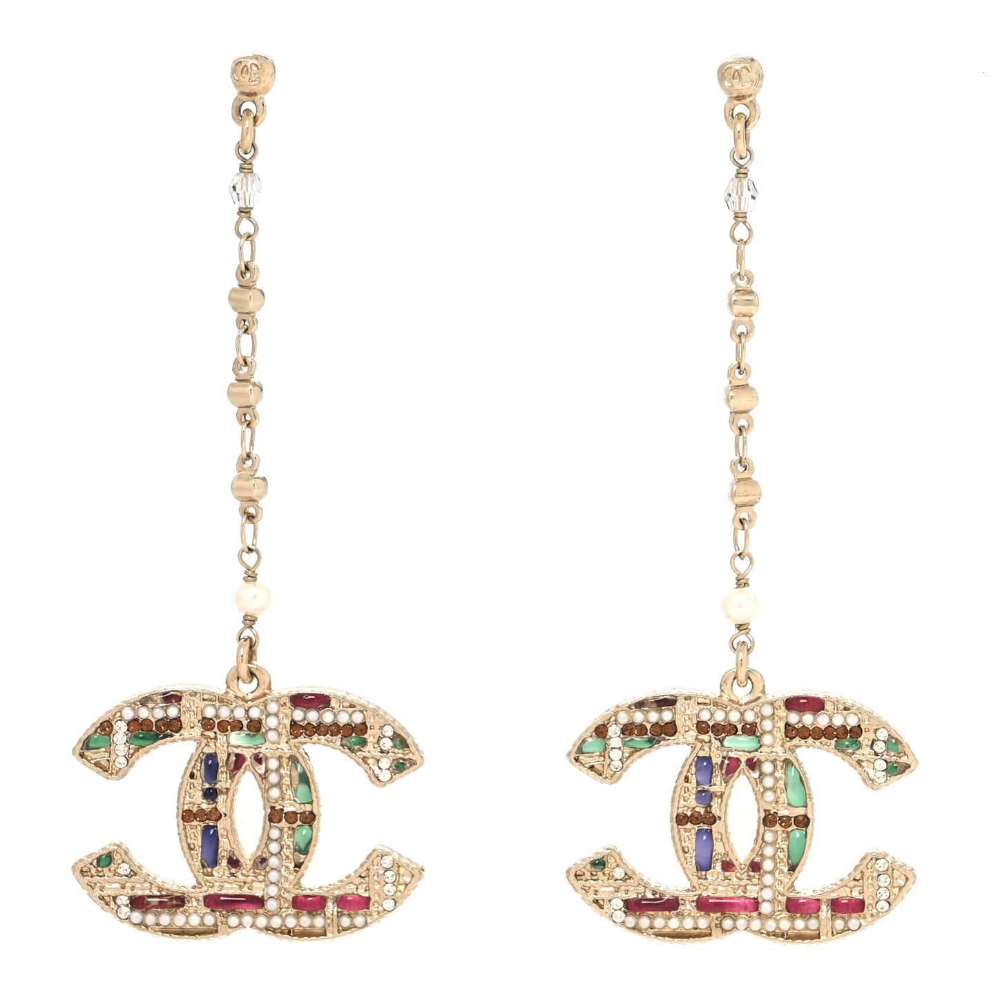 Pearl Crystal CC Tweed Drop Earrings Gold Brown Green
