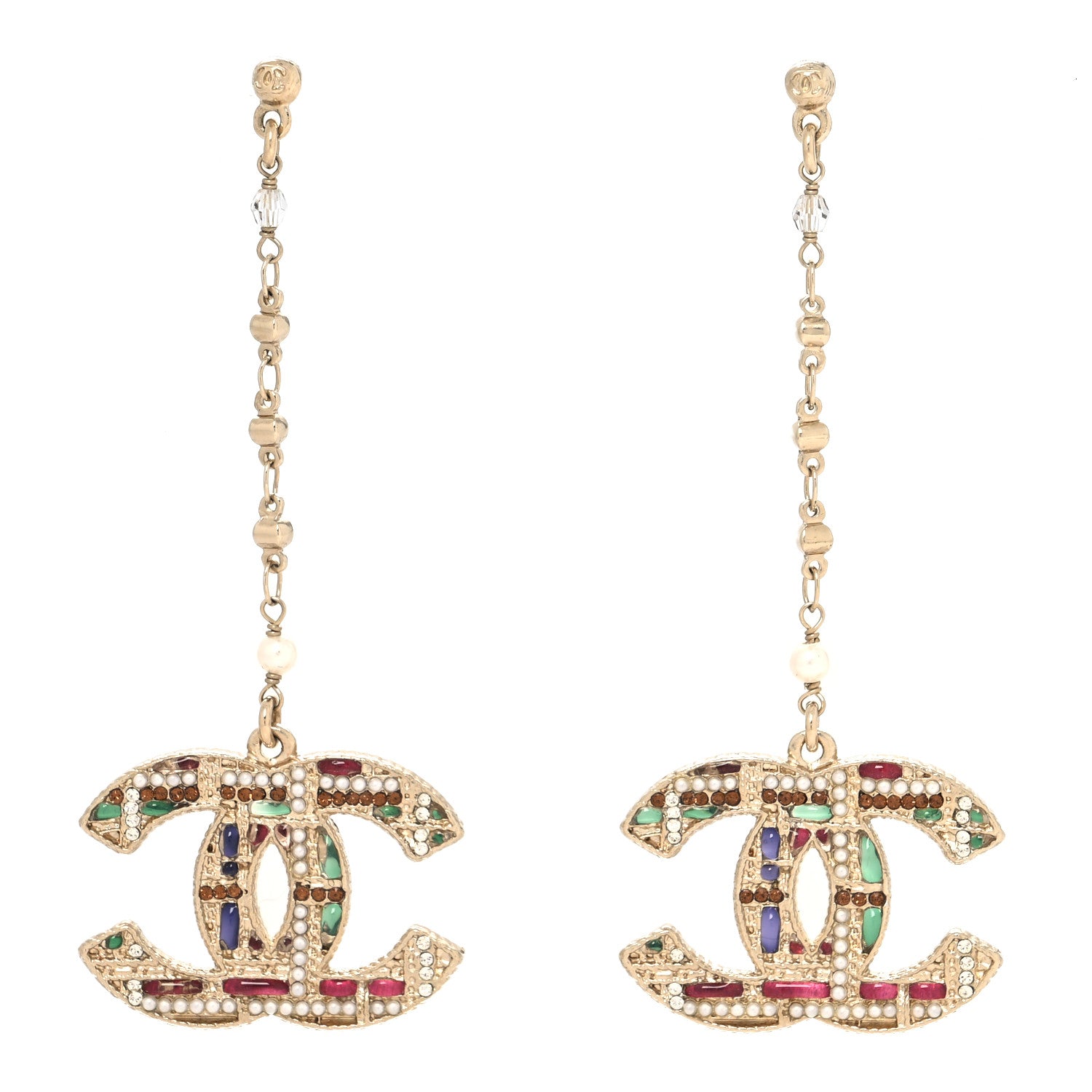 Chanel Pearl Crystal CC Tweed Drop Earrings Gold Brown Green 1 of 4