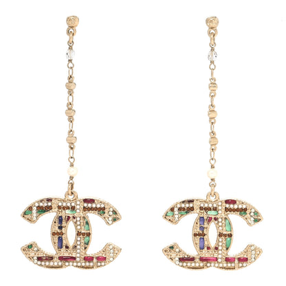 Chanel Pearl Crystal CC Tweed Drop Earrings Gold Brown Green 1 of 4