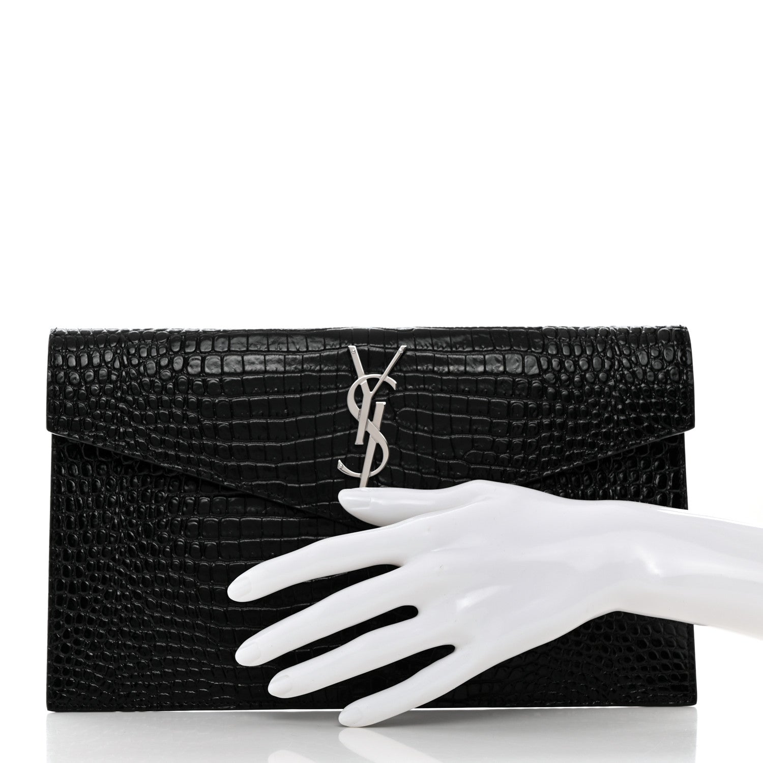 Saint Laurent Calfskin Crocodile Embossed Uptown Monogram Pouch Black 2 of 8