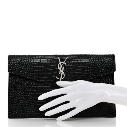 Saint Laurent Calfskin Crocodile Embossed Uptown Monogram Pouch Black 2 of 8
