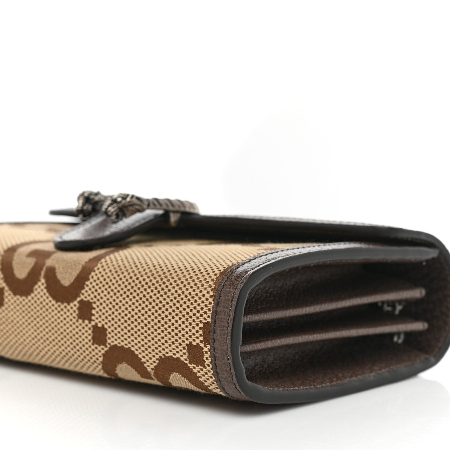 Gucci Monogram Jumbo GG Textured Dollar Calfskin Mini Dionysus Chain Wallet Camel Ebony New Acero 11 of 11