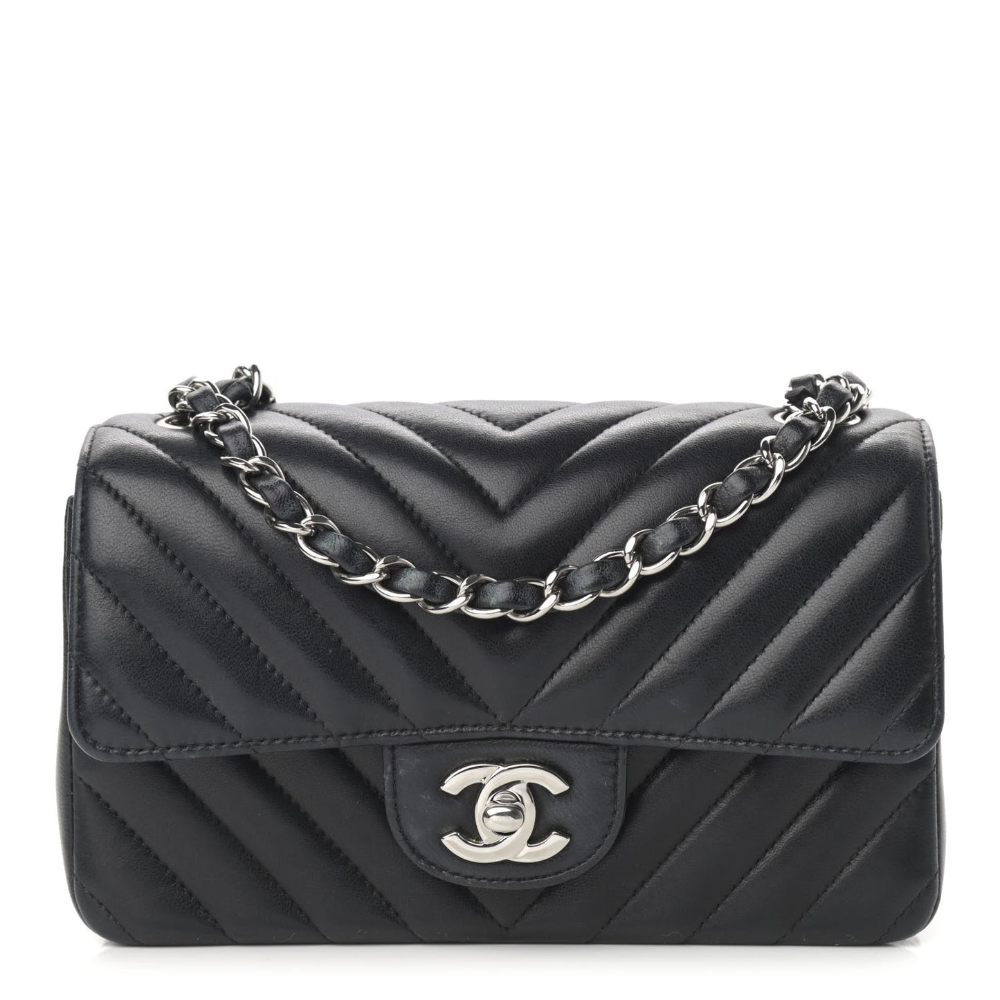 Lambskin Chevron Quilted Mini Rectangular Flap Black