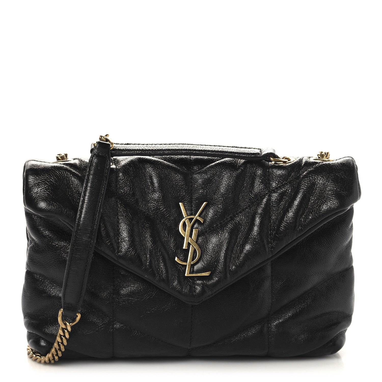 Saint Laurent Crinkled Calfskin Quilted Toy Loulou Puffer Monogram Chain Satchel Black 1 of 11
