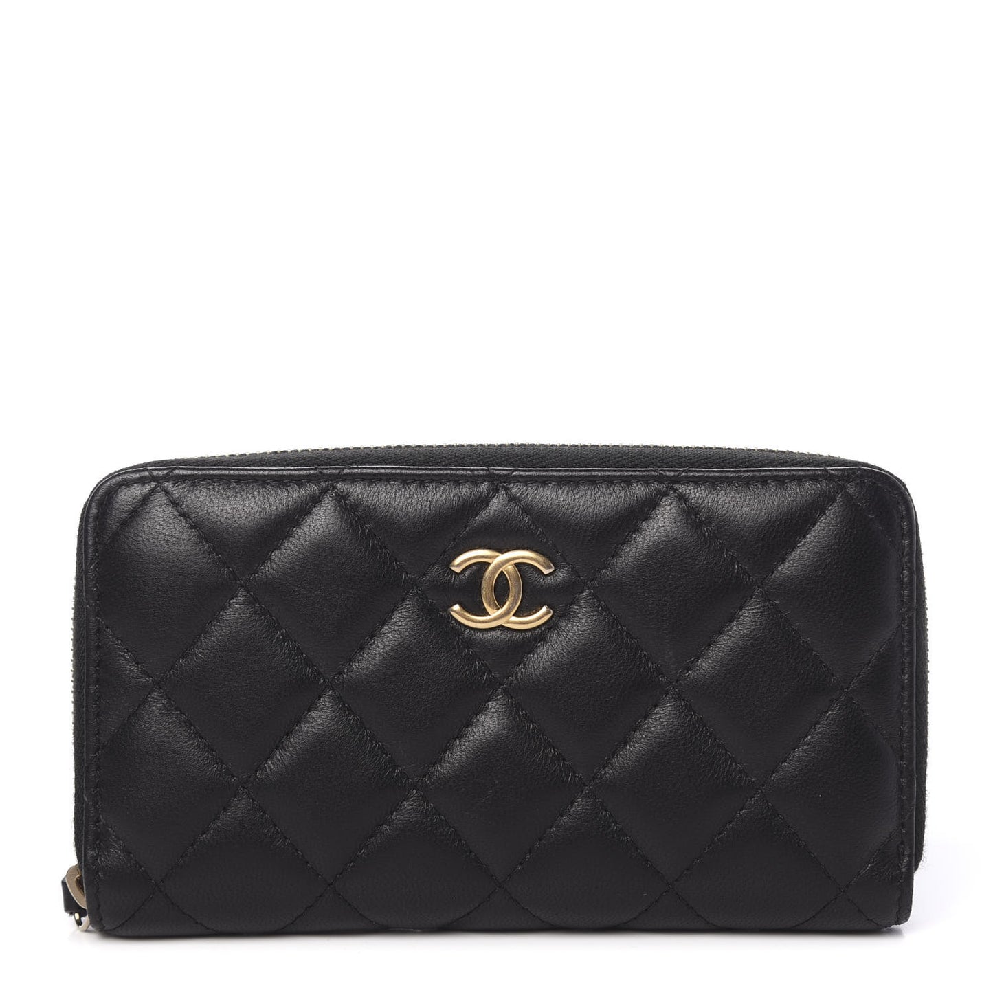Lambskin Quilted Small Zip Around Wallet Black