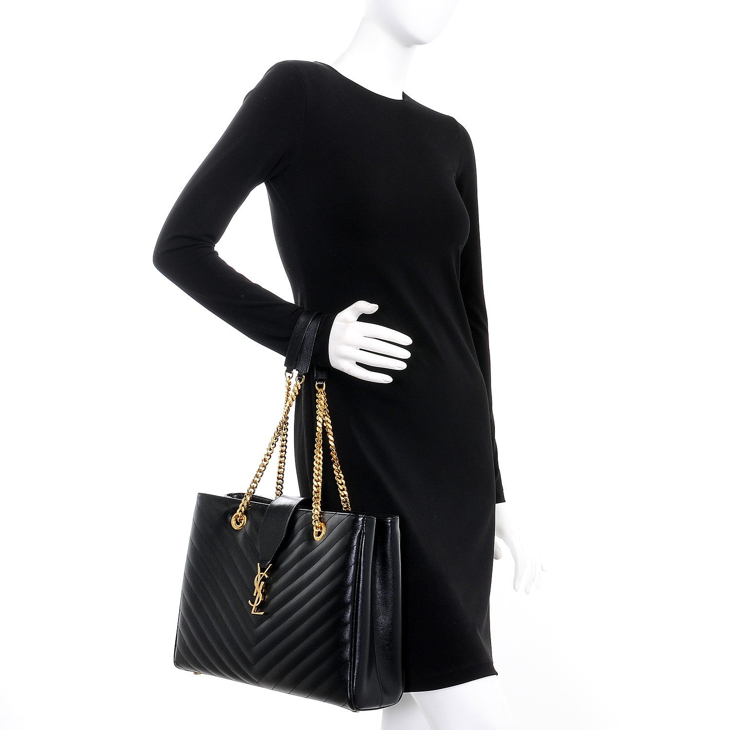 Saint Laurent Grain De Poudre Matelasse Chevron Monogram Shopping Bag Black 2 of 9