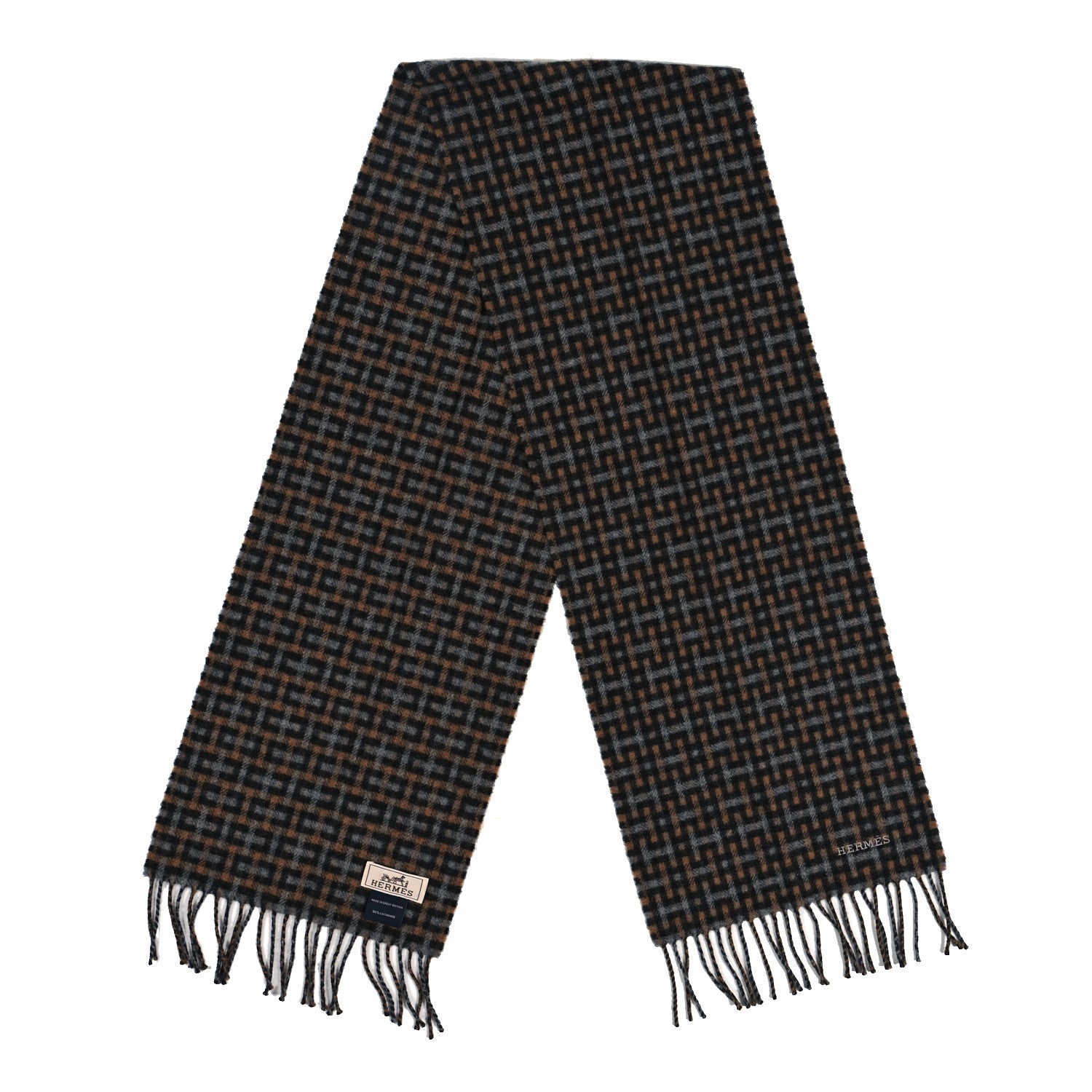 Hermes Cashmere H Ecossais Muffler Black Flanelle Camel 2 of 3