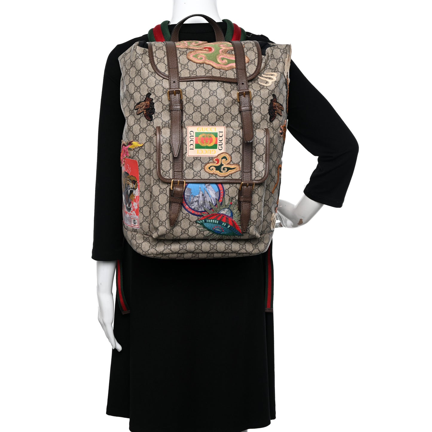 Soft GG Supreme Monogram Courrier Web Double Buckle Backpack Beige New Acero