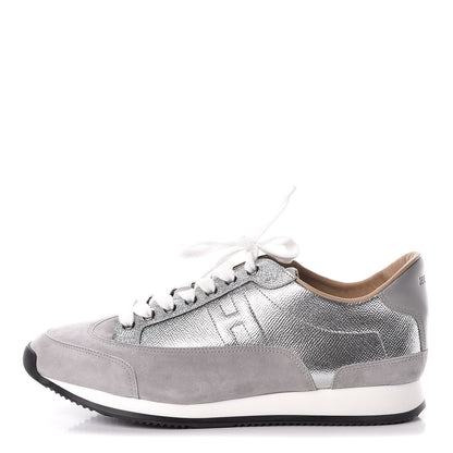 Hermes Metallic Epsom Suede Mens Trail Sneakers 43 Argent Grey 1 of 7