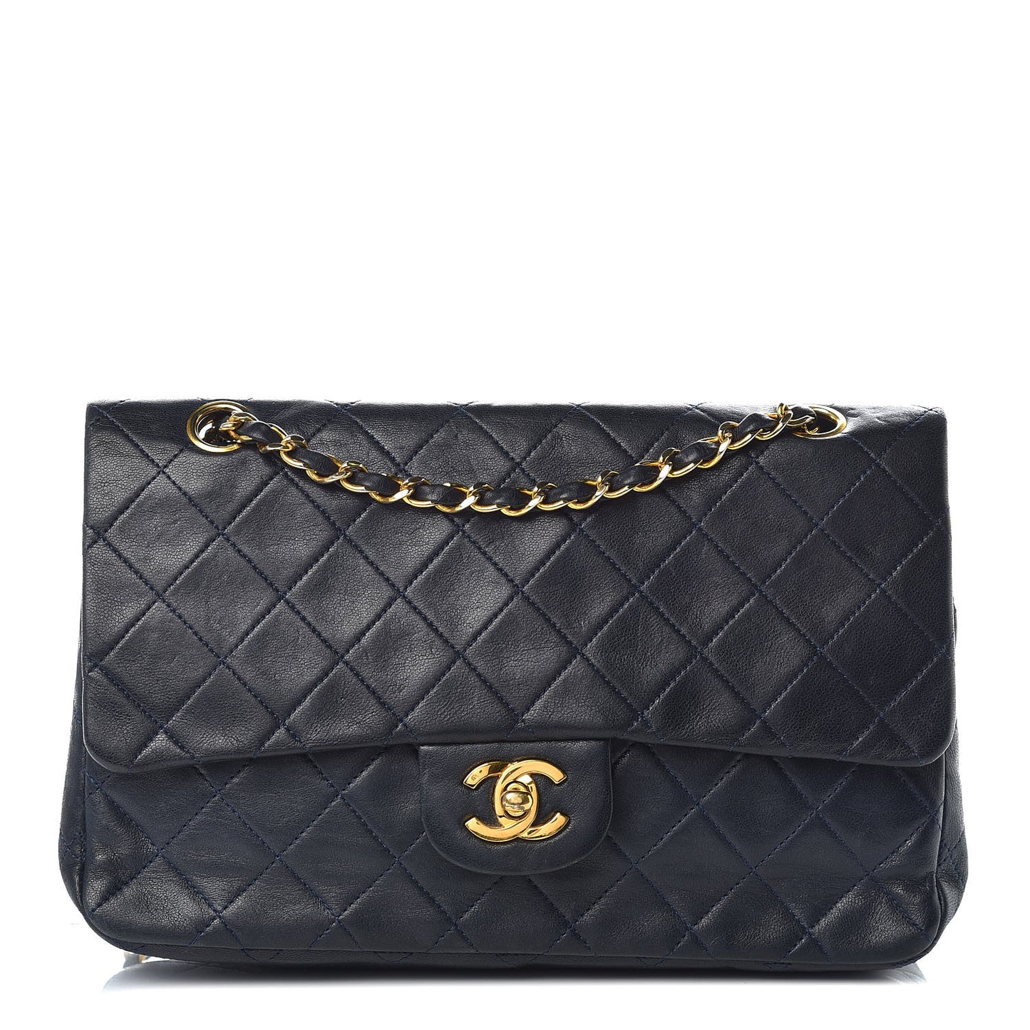 Lambskin Quilted Medium Double Flap Navy