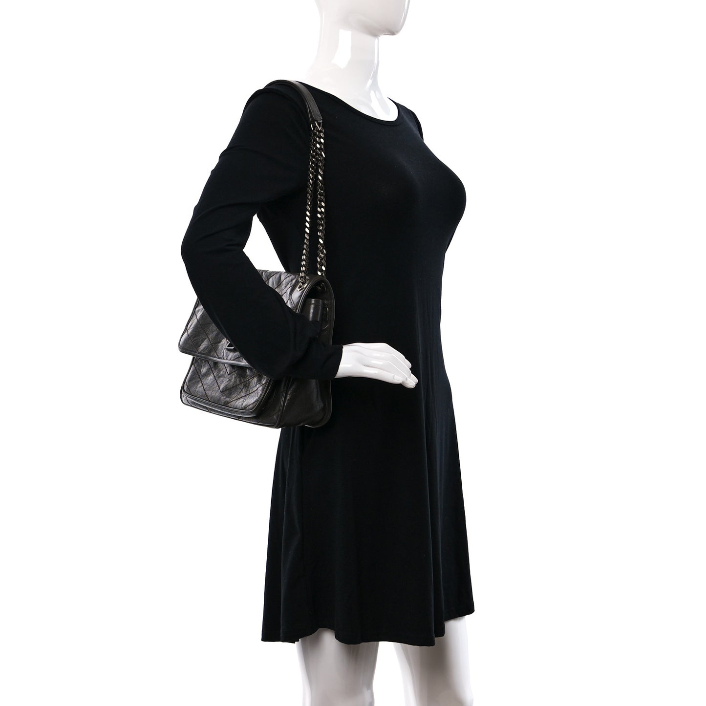 Crinkled Calfskin Matelasse Monogram Medium Niki Chain Satchel Pebble