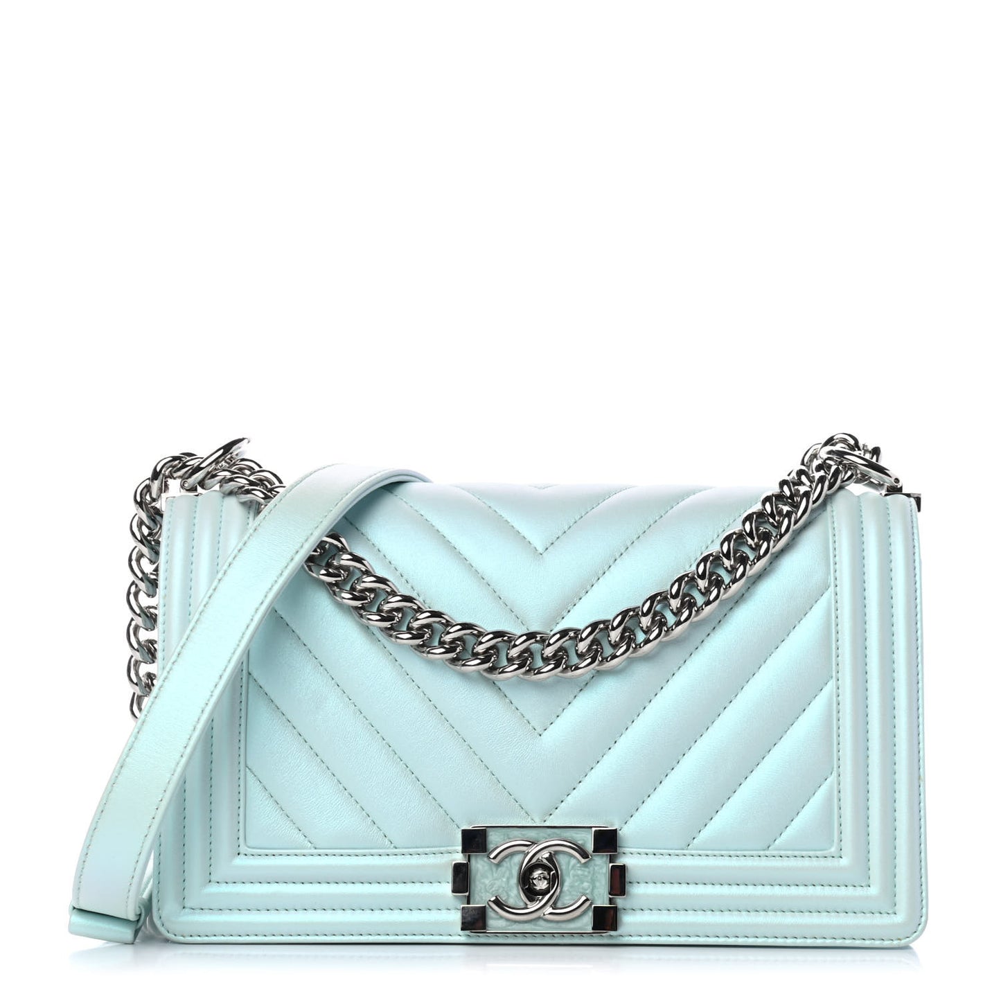 Iridescent Lambskin Chevron Quilted Medium Boy Flap Turquoise