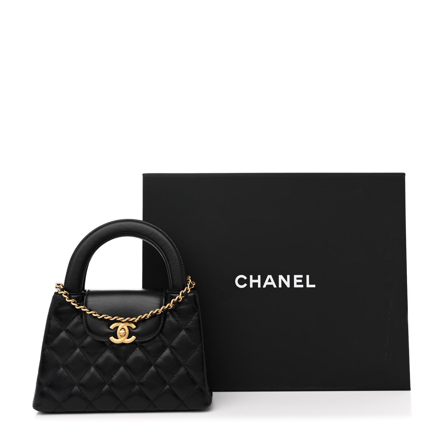 Shiny Aged Calfskin Quilted Nano Kelly Shopper Black