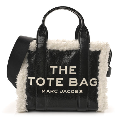 Marc Jacobs Shiny Calfskin Faux Shearling Mini The Traveler Tote Bag Black 1 of 9