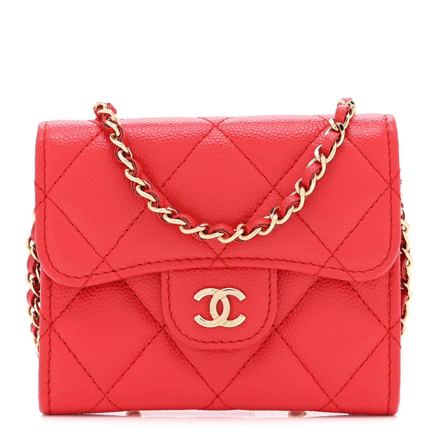 Caviar Quilted Flap Card Holder On Chain Red