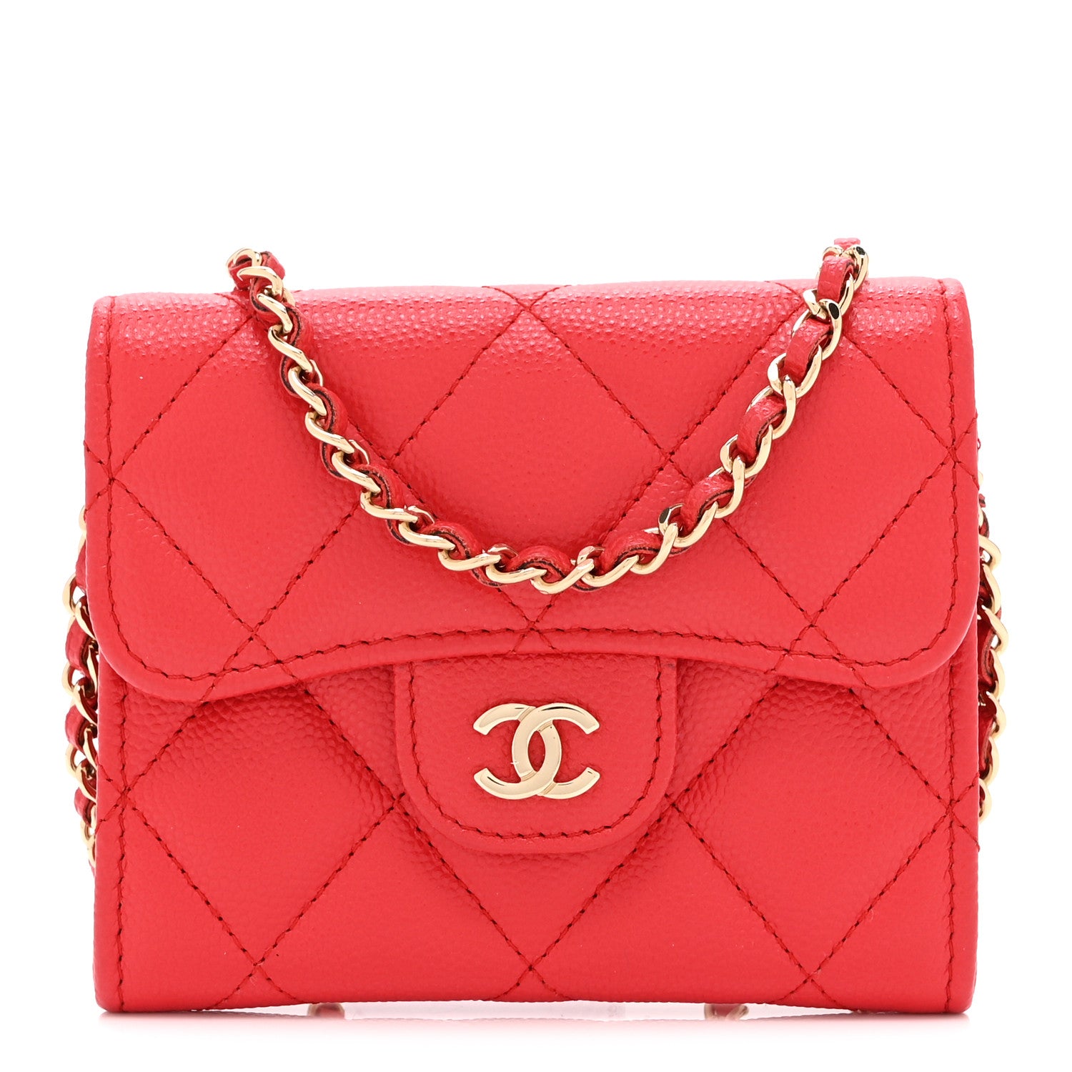 Chanel Caviar Quilted Flap Card Holder On Chain Red 1 of 12