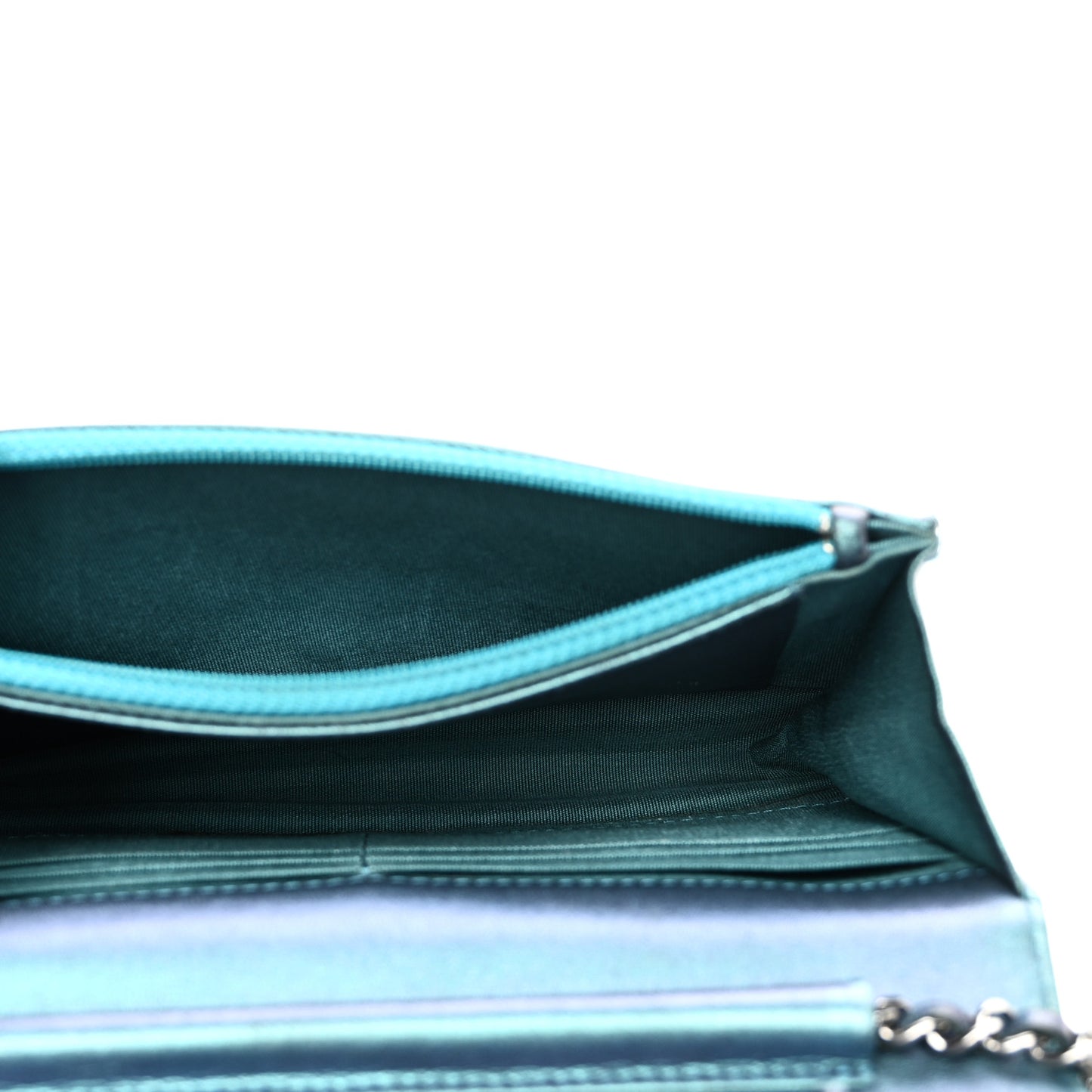 Metallic Lambskin Wallet On Chain WOC Turquoise