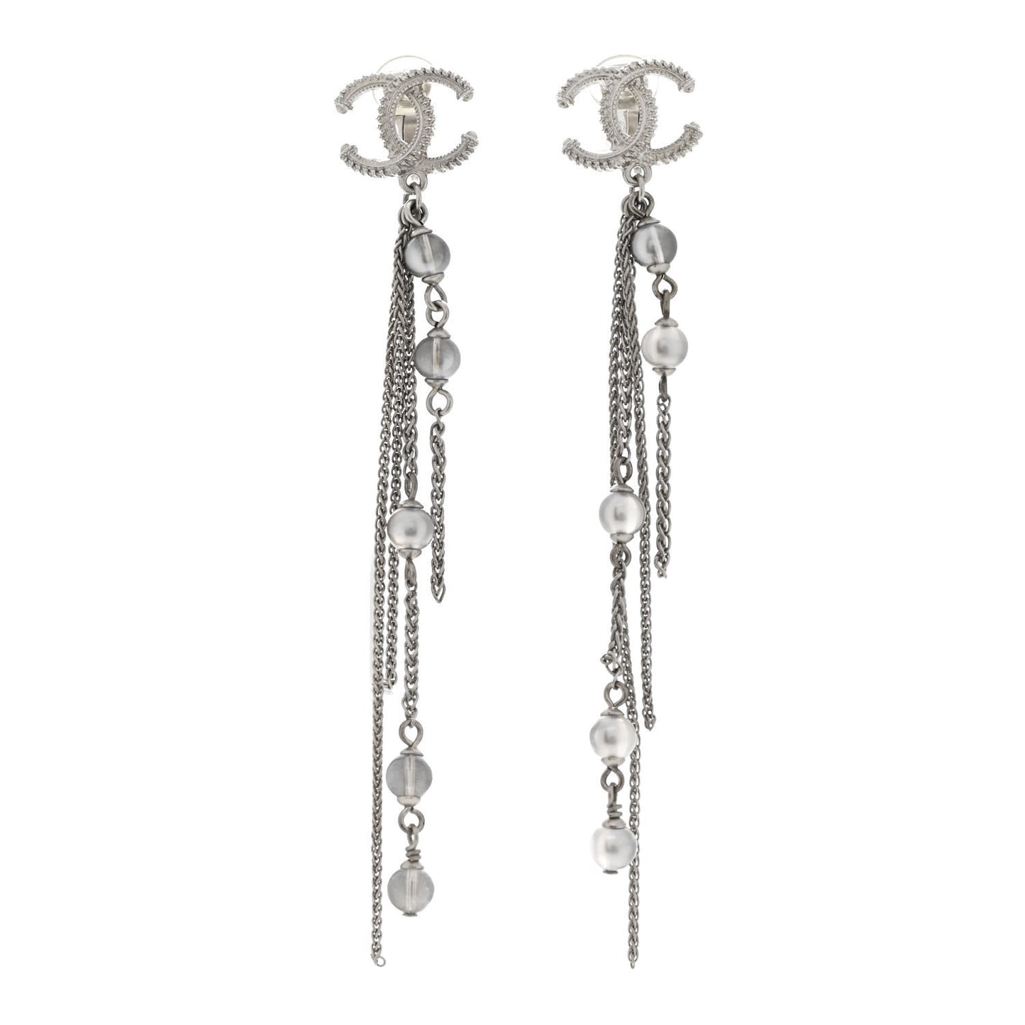Metal Chain Pearl CC Drop Clip On Earrings Silver